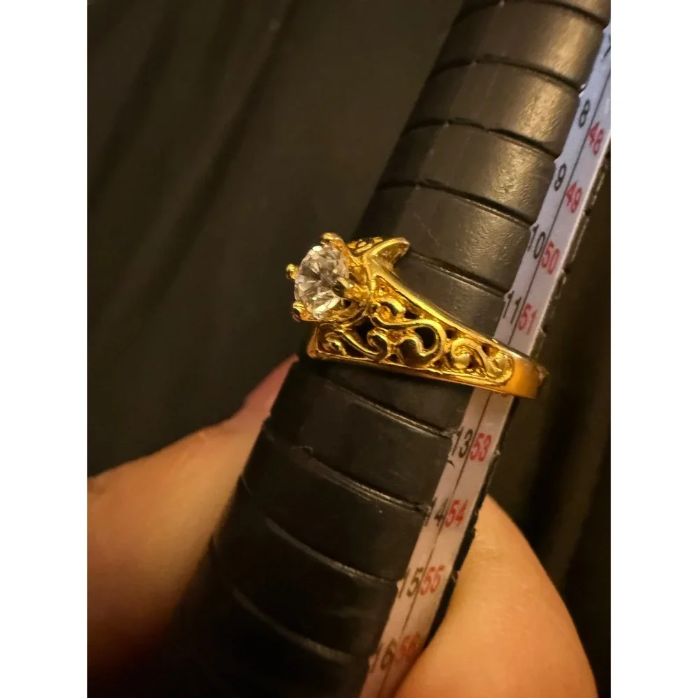 Gold Tone Filigree Bypass Ring Round Clear CZ Solitaire Vintage Style Size 6.25